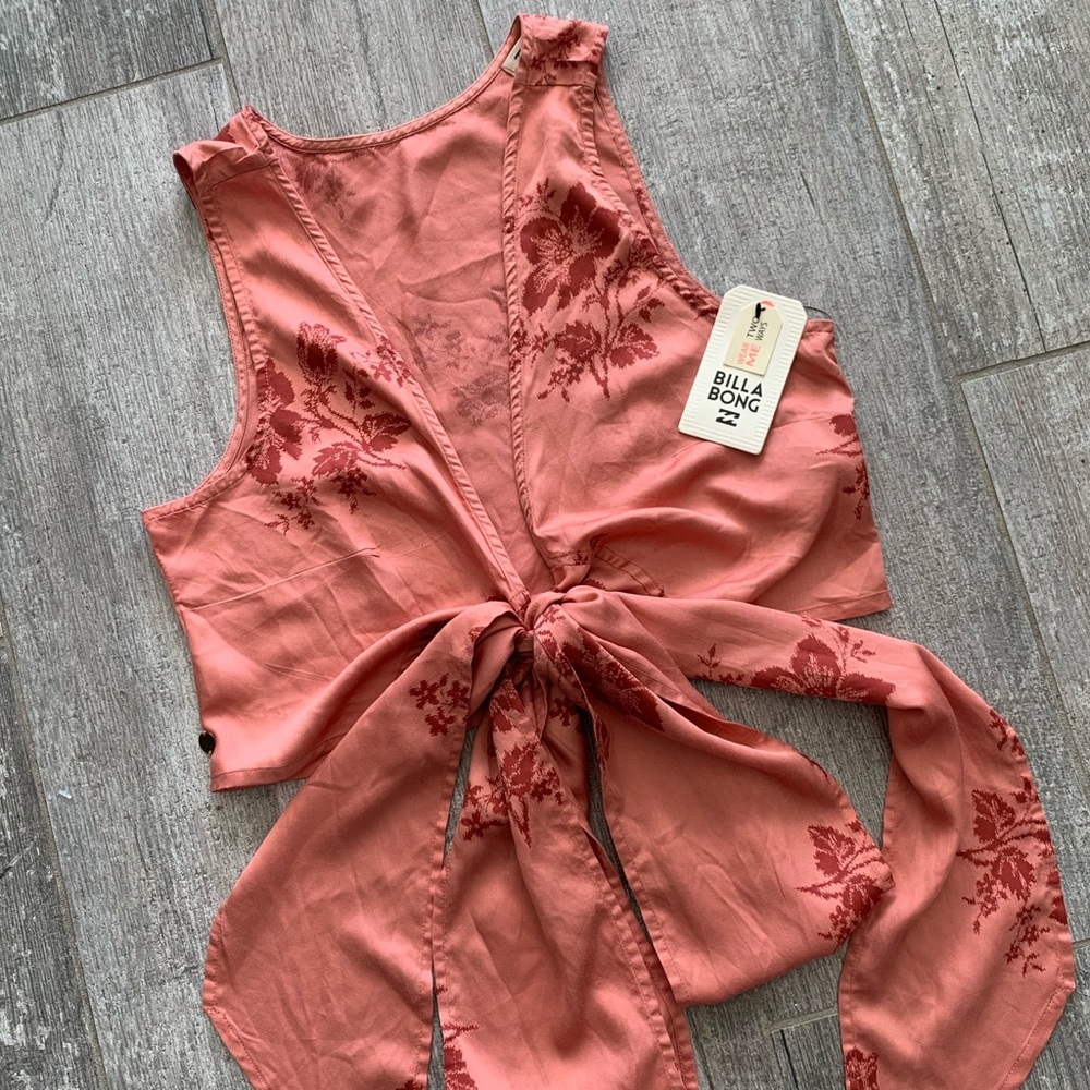 Billabong Coral Floral Sleeveless Tie-Front Blouse